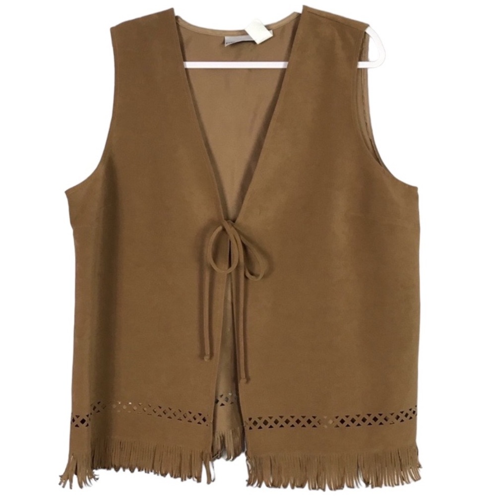 NWT Fashion Bug Cottage-core Boho Vegan Suede 18W/20W Brown Festival Fringe Vest